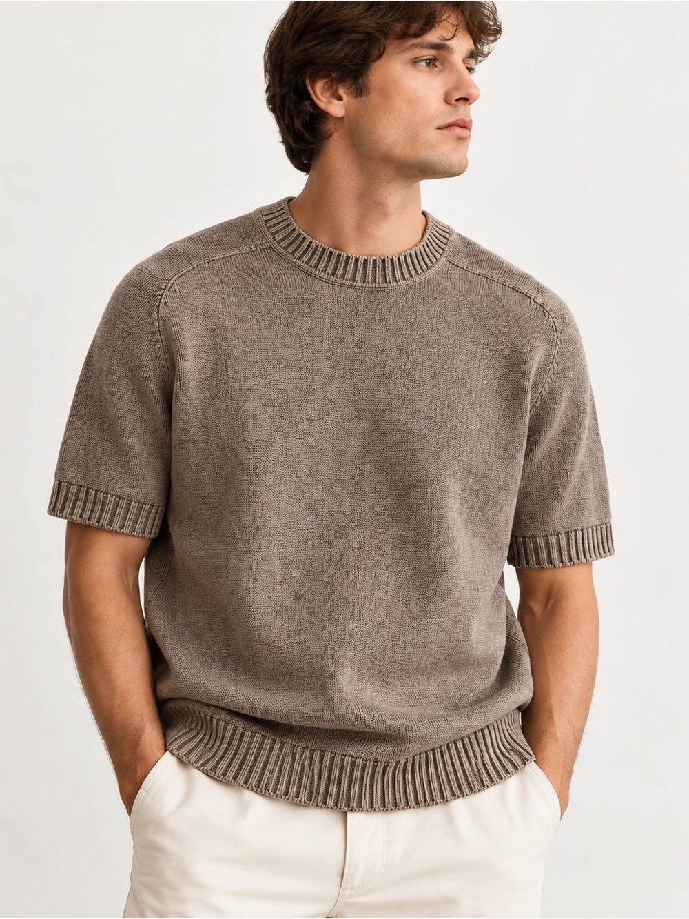 ZARA Men’s Short Sleeve Knit Sweater Taupe Brown Size L